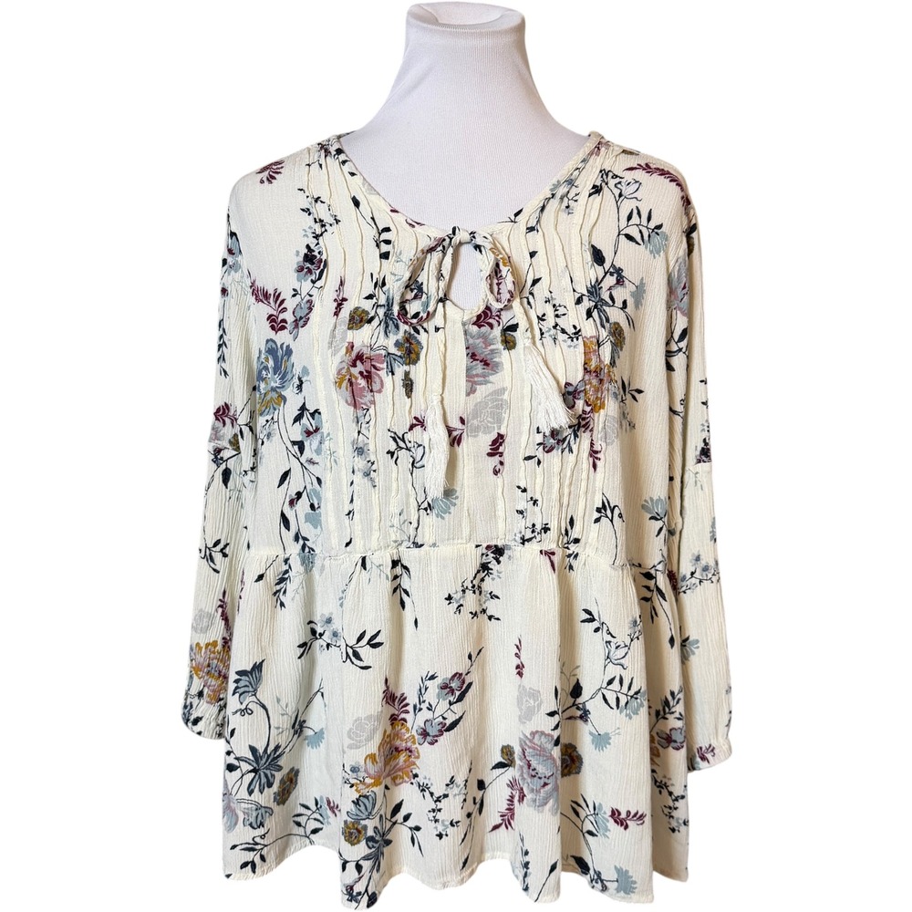 American Rag Peplum Top Women 3X Cream Floral Keyhole Tassel Pintuck Babydoll